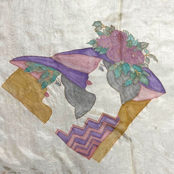 Vintage 34.5" Silk Scarf With Art Deco Print Women Hats Silhouette Hand Painted - Picture 4 of 6